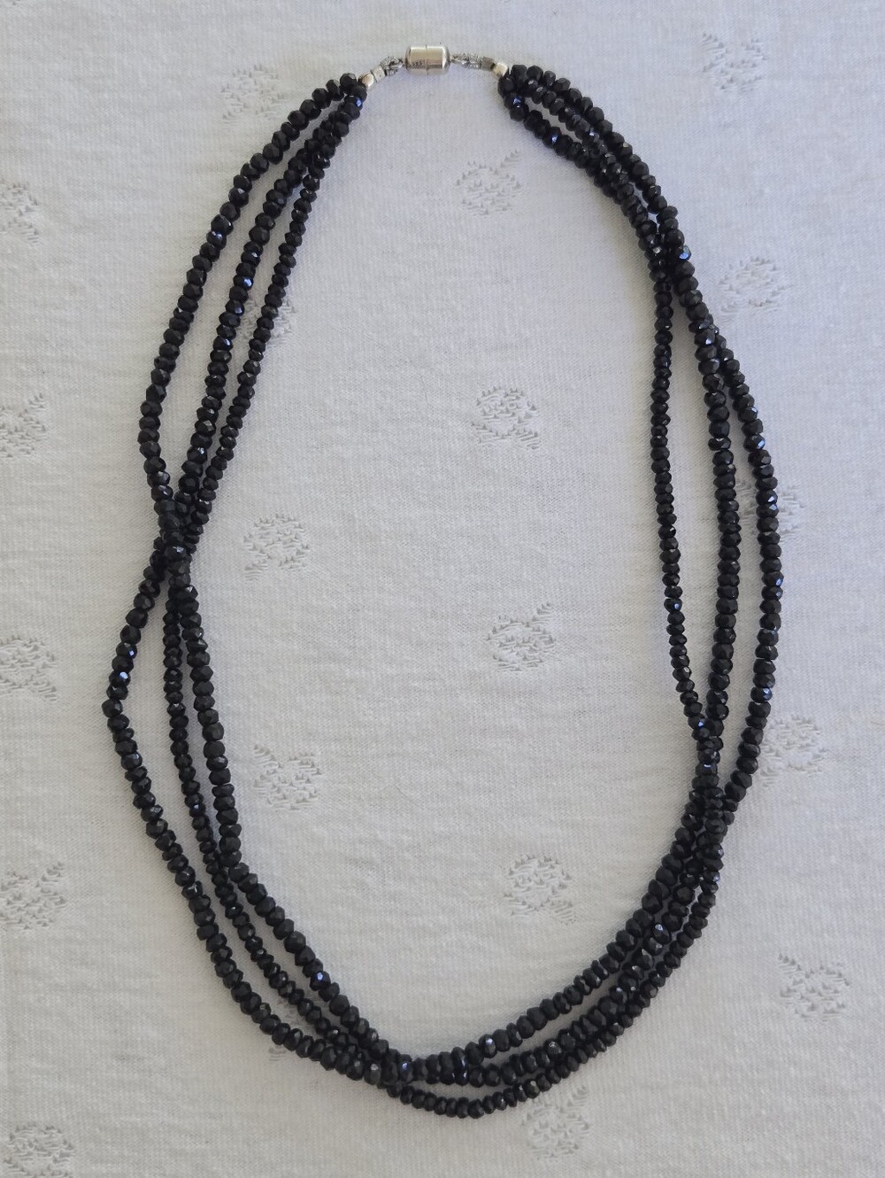 Black Three-Strand Beaded Onyx Necklace w/ Silver 925 Clasp Vintage Stamped PJC
